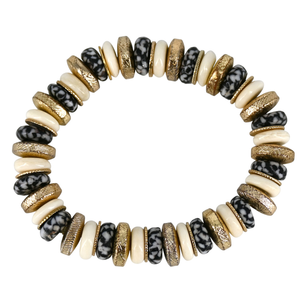 Akola Black White Ivory Glass Beaded Gold Coin Stretch Bracelet - Picture 2 of 5